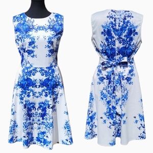 White & Blue Floral A-line Dress